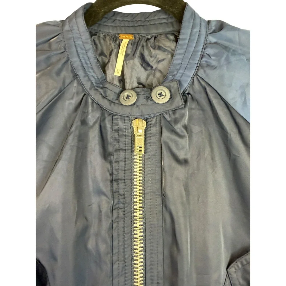 Free People Navy Blue Satin Bomber Jacket Full Zip Ribbed Trim XS